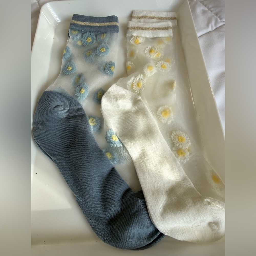 New- “I Am” Daisy-Embroidered Sheer Crew Socks -